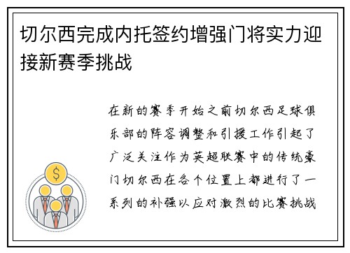 切尔西完成内托签约增强门将实力迎接新赛季挑战